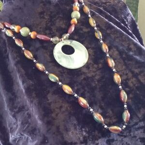 Multicolor Beaded Necklace with Sea Foam Green Pendant 18 & 24 In Long